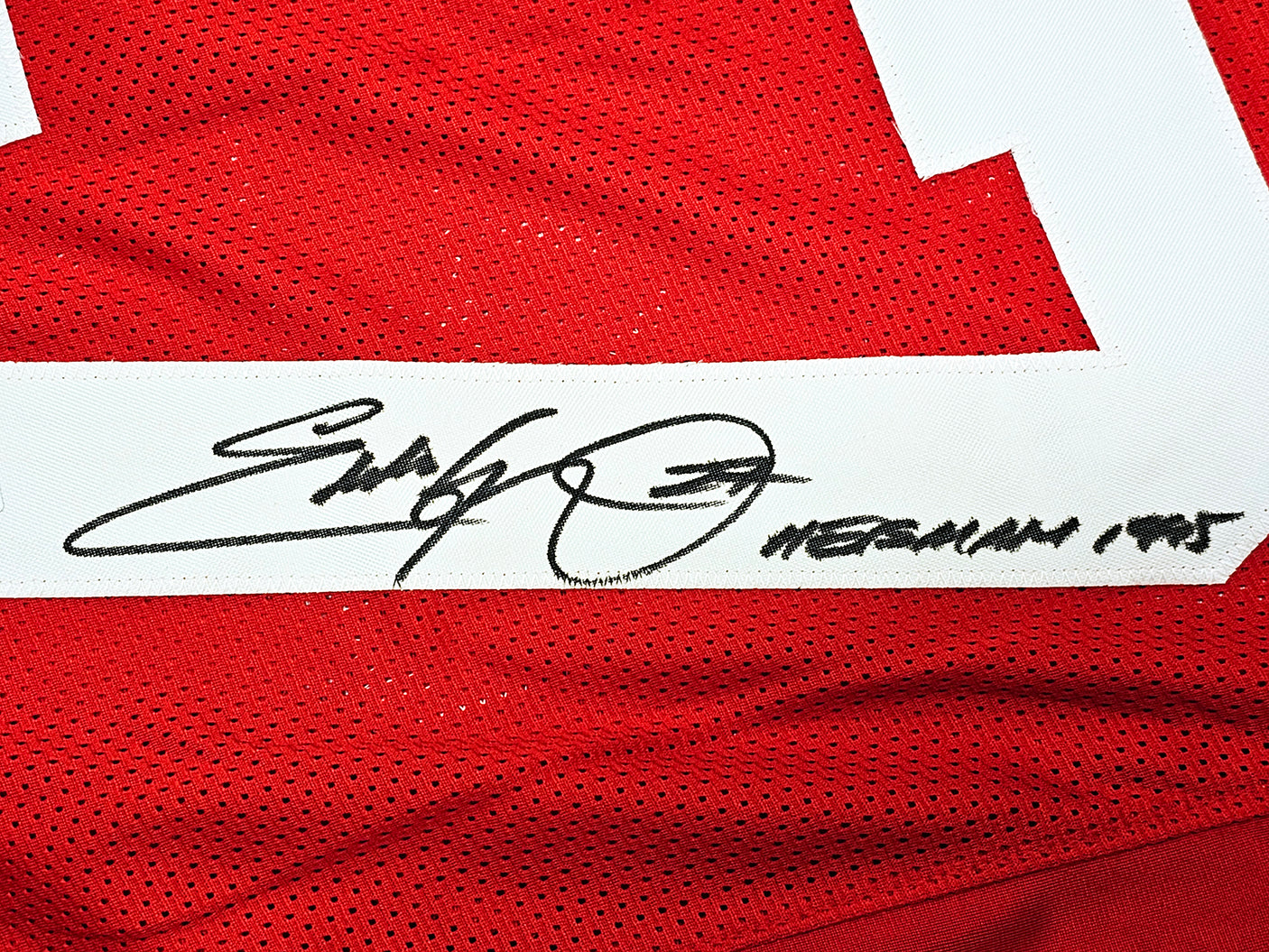 Ohio State Buckeyes Eddie George Autographed Red Jersey "Heisman 1995" Beckett BAS Witness Stock #216732