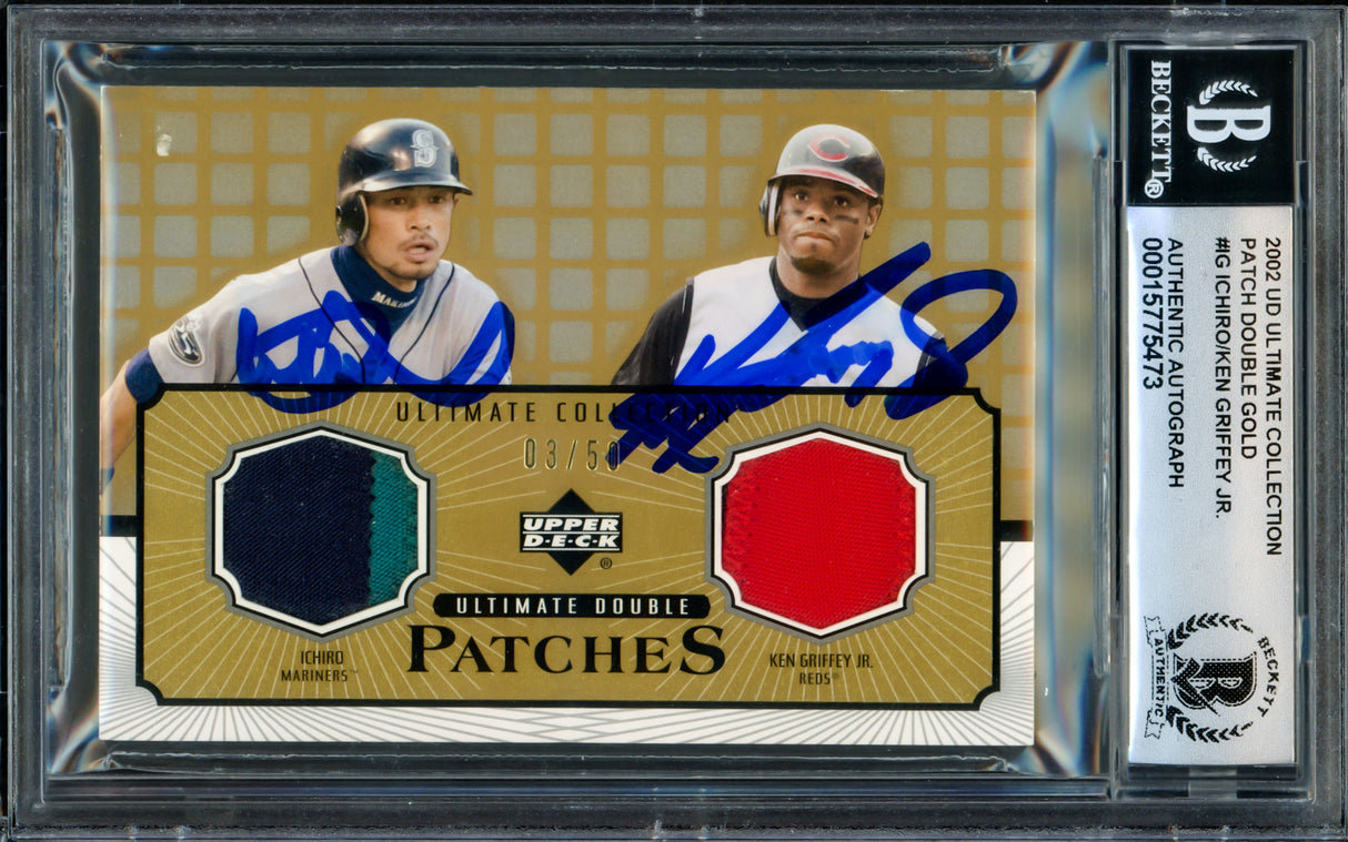 Ken Griffey Jr. & Ichiro Suzuki Autographed 2002 Upper Deck Ultimate Collection Double Patches Card #DP-IG Auto Grade Gem Mint 10 With Game Used Jersey #3/50 Beckett BAS #15775473