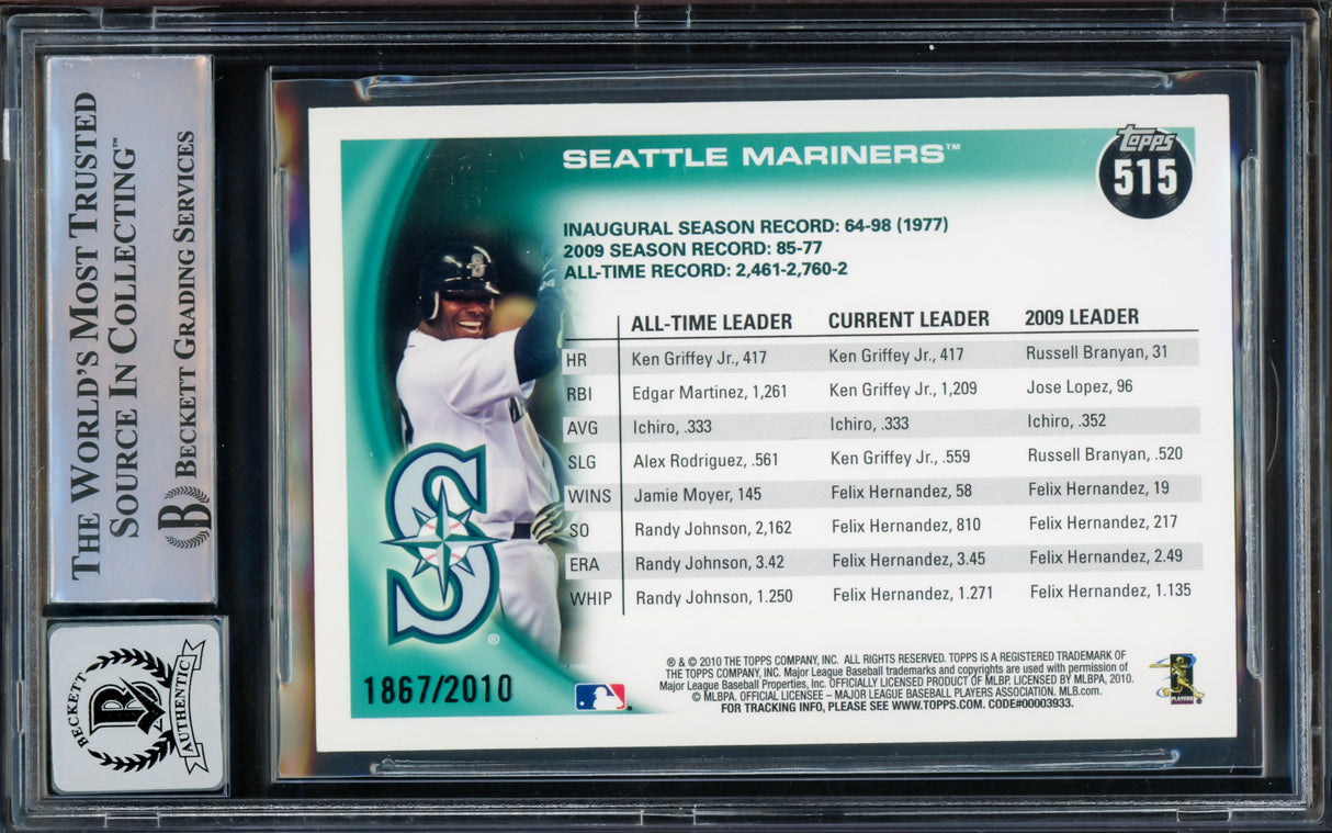 Ken Griffey Jr. & Ichiro Suzuki Autographed 2010 Topps Gold Card #515 Seattle Mariners Auto Grade Gem Mint 10 Gold Border #1867/2010 Beckett BAS #15771771