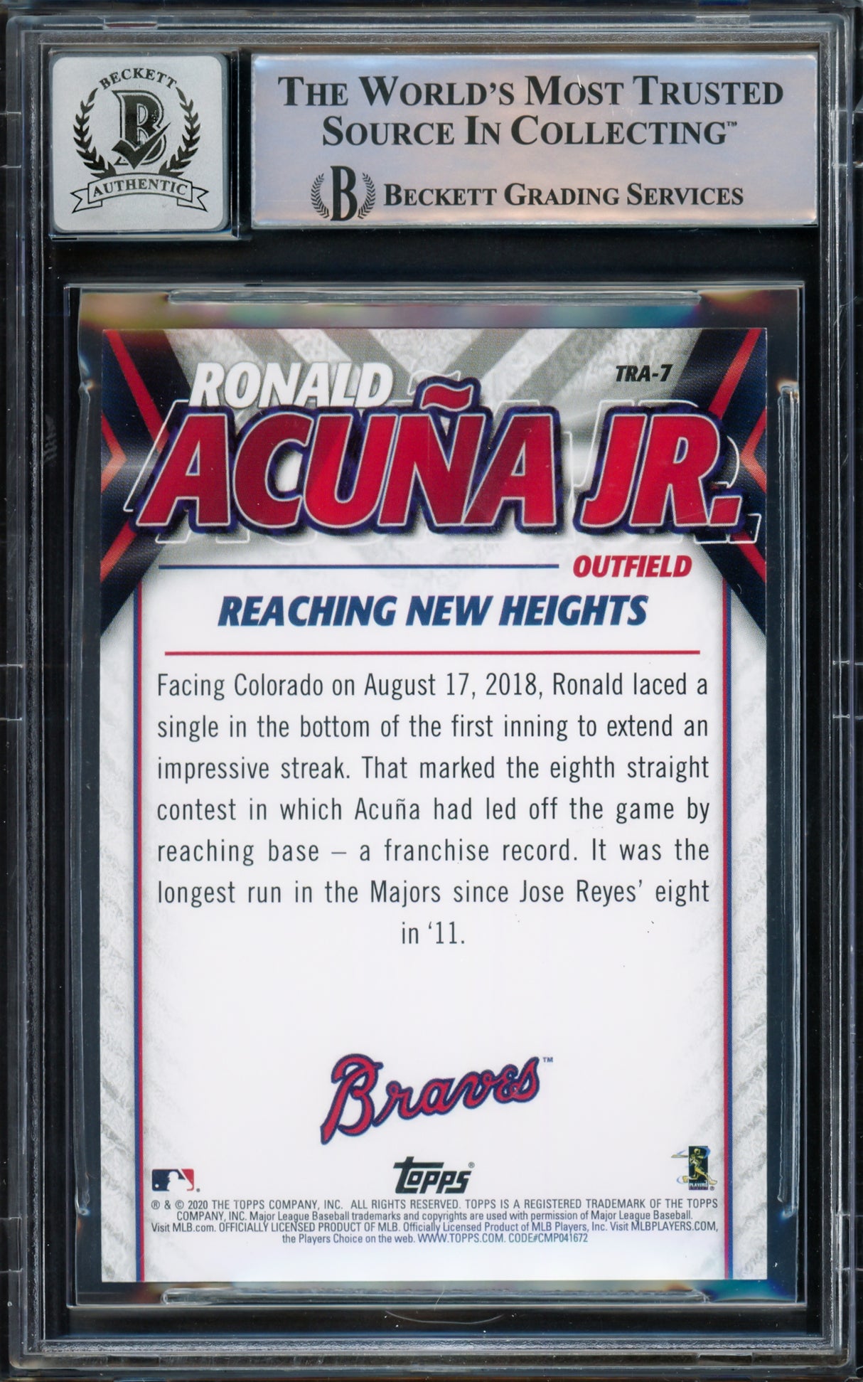 Ronald Acuna Jr. Autographed 2020 Topps Update Highlights Card #TRA-7 Atlanta Braves Auto Grade Gem Mint 10 Beckett BAS #15772111