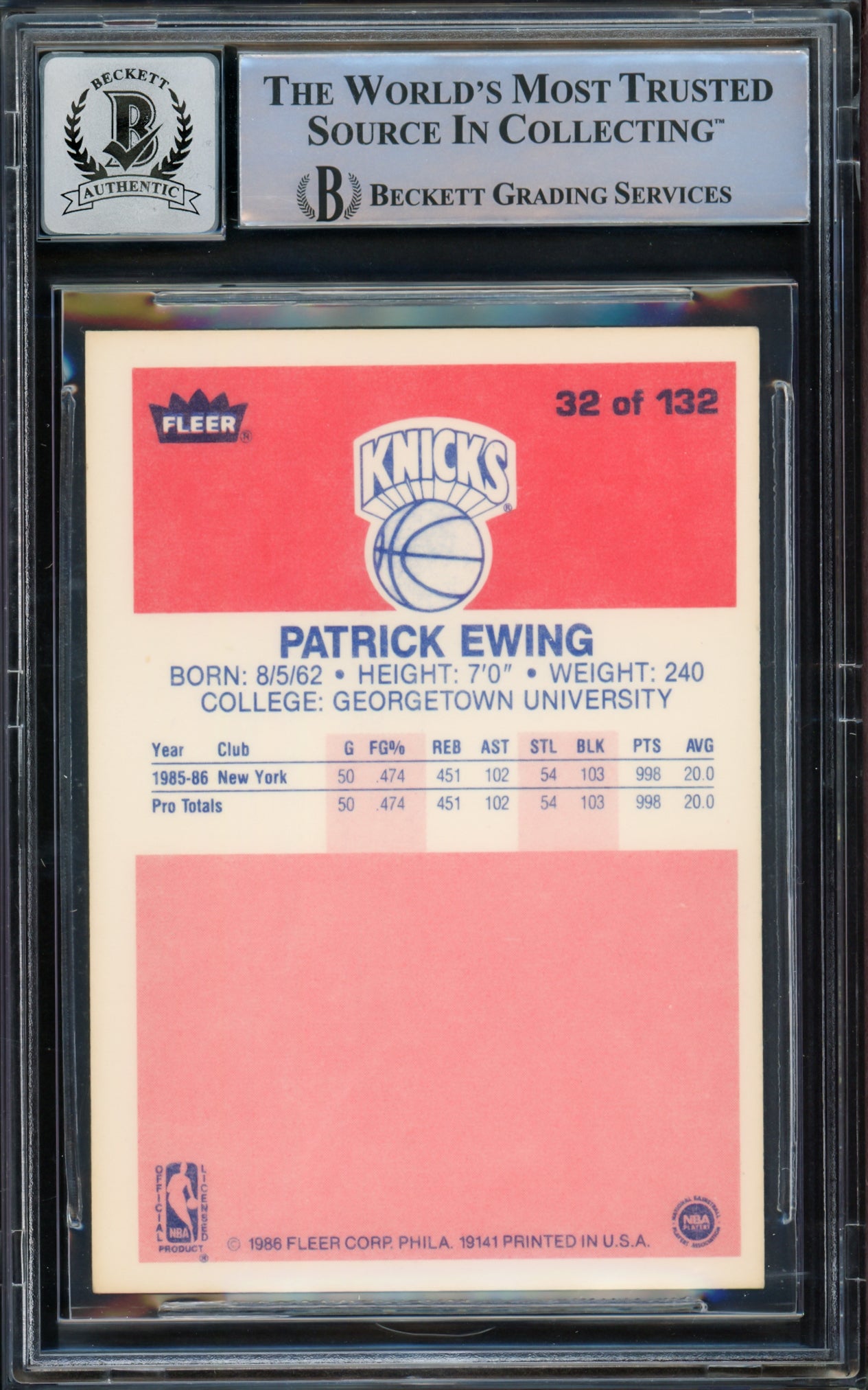 Patrick Ewing Autographed 1986-87 Fleer Rookie Card #32 New York Knicks Auto Grade Gem Mint 10 Beckett BAS #15772167