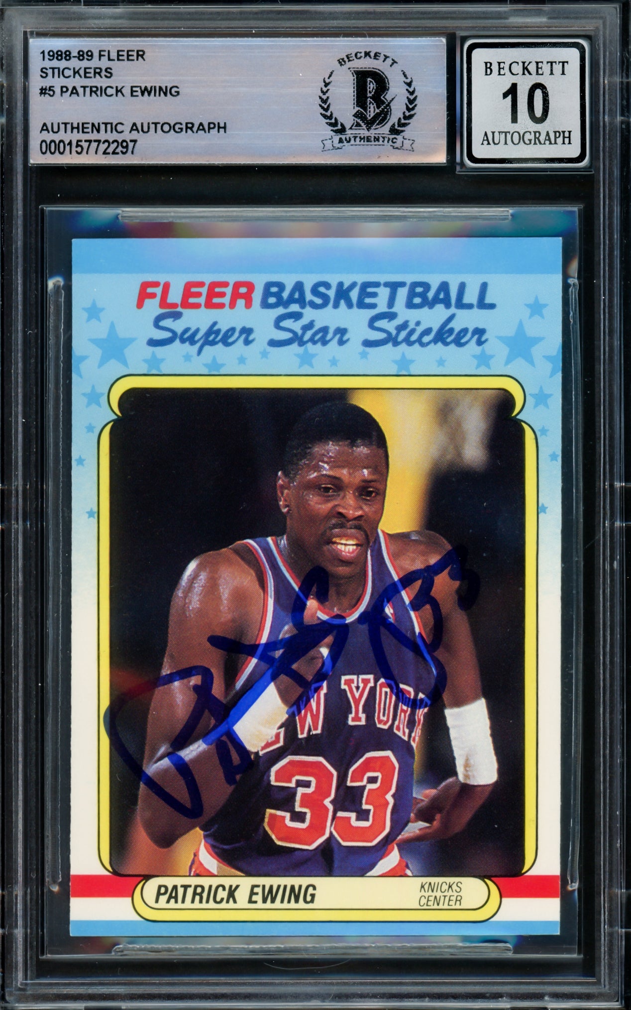 Patrick Ewing Autographed 1988-89 Fleer Sticker Card #5 New York Knicks Auto Grade Gem Mint 10 Beckett BAS #15772297