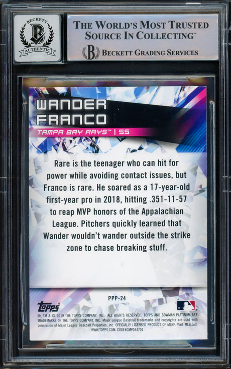 Wander Franco Autographed 2019 Bowman Platinum Prismatic Prodigies Rookie Card #PPP24 Tampa Bay Rays Auto Grade Gem Mint 10 Beckett BAS #15772321