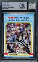 Karl Malone Autographed 1988-89 Fleer Sticker Card #8 Utah Jazz Auto Grade Gem Mint 10 Beckett BAS #15773080