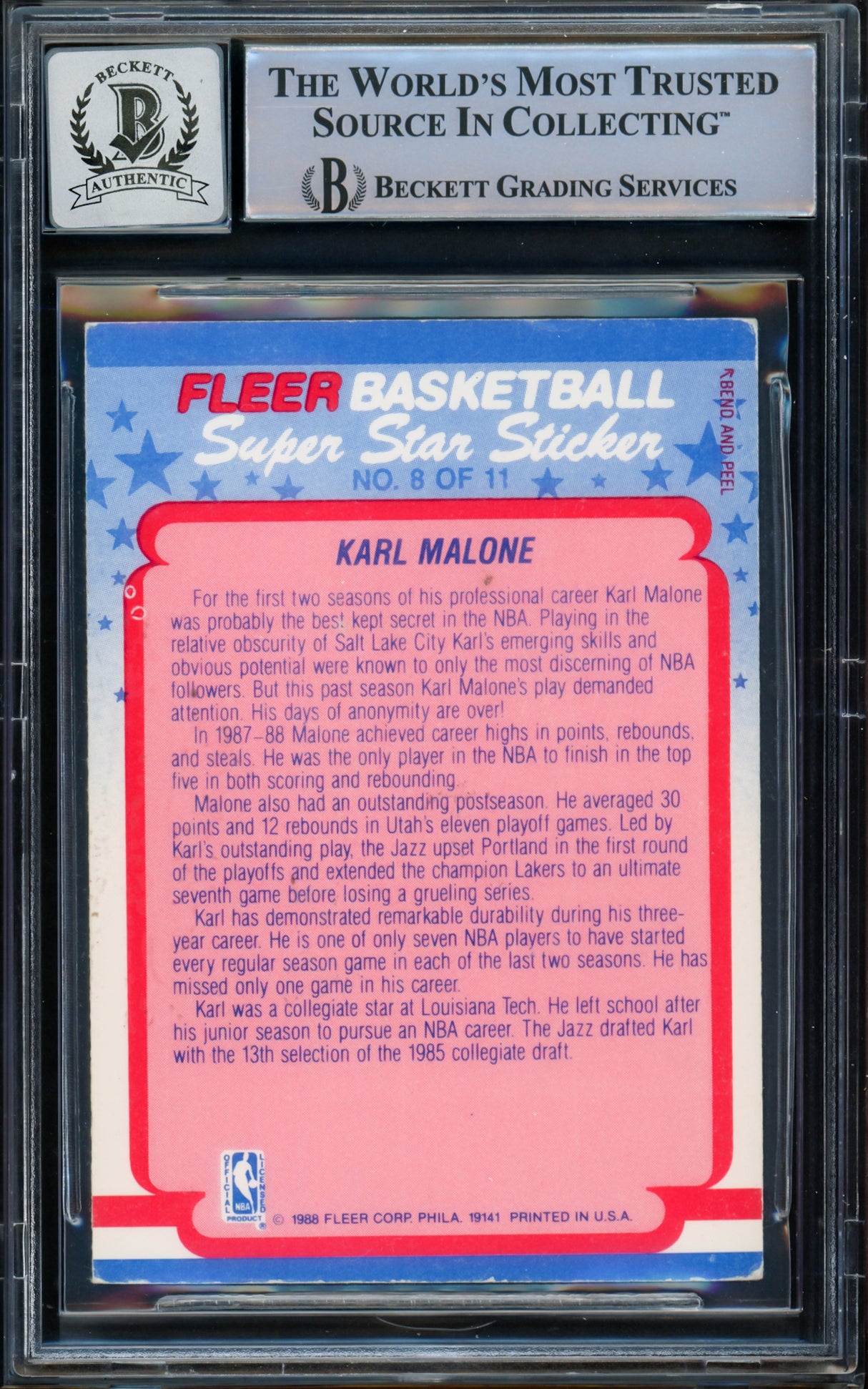 Karl Malone Autographed 1988-89 Fleer Sticker Card #8 Utah Jazz Auto Grade Gem Mint 10 Beckett BAS #15773080