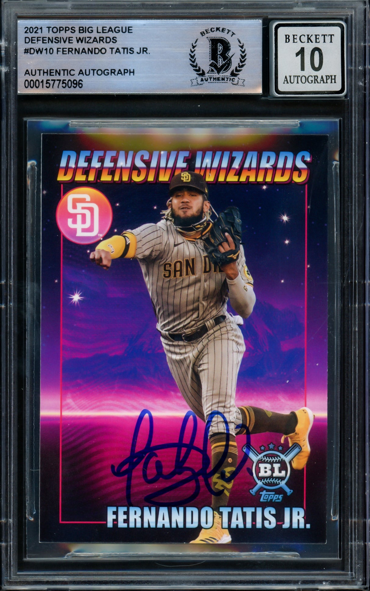 Fernando Tatis Jr. Autographed 2021 Topps Big League Defensive Wizards Card #DW-10 San Diego Padres Auto Grade Gem Mint 10 Beckett BAS #15775096