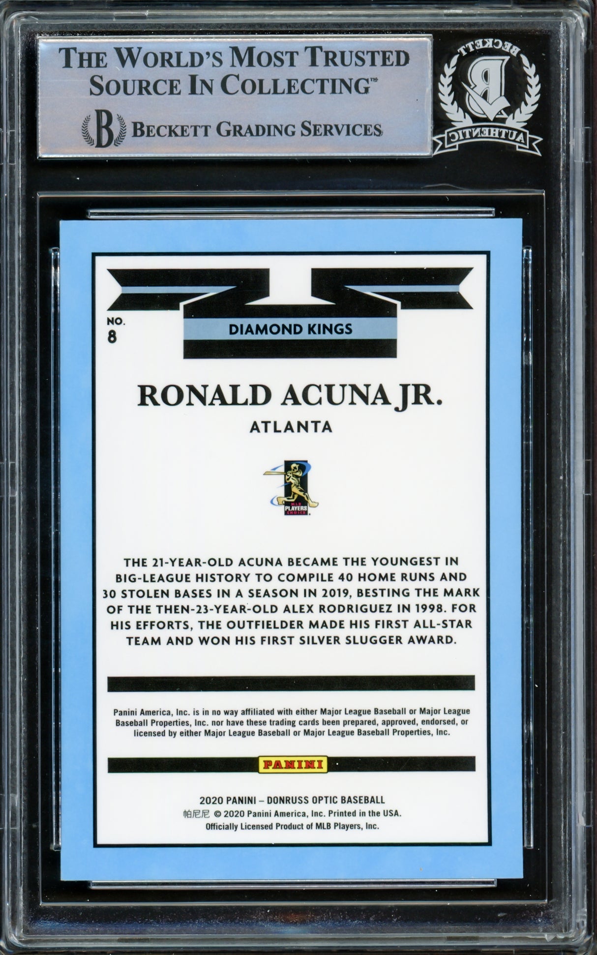 Ronald Acuna Jr. Autographed 2020 Donruss Optic Diamond Kings Card #8 Atlanta Braves Beckett BAS #15778263