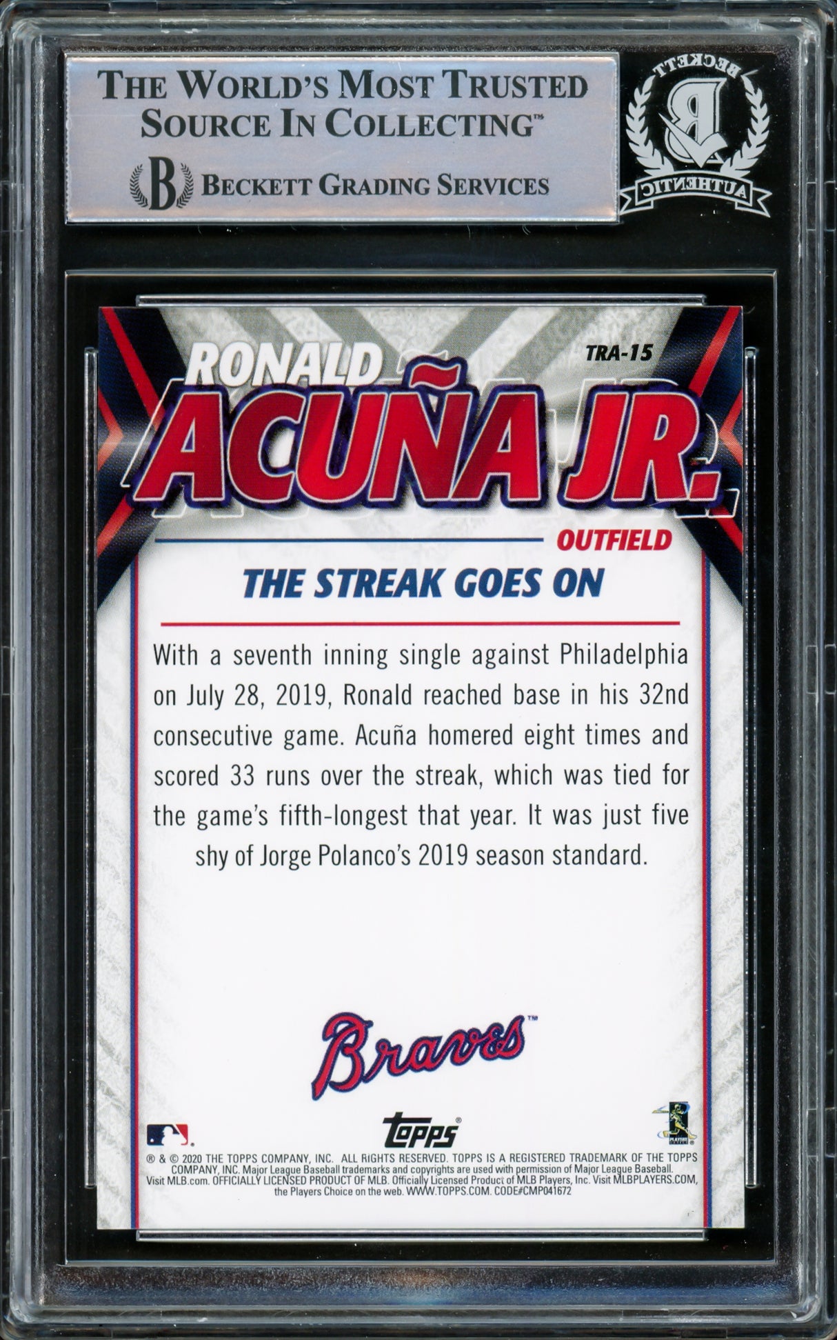 Ronald Acuna Jr. Autographed 2020 Topps Highlights Card #TRA-15 Atlanta Braves Beckett BAS #15778294