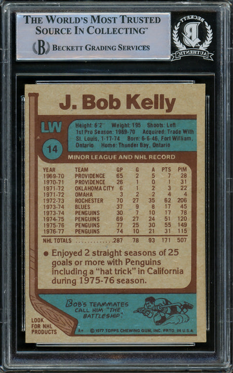 J. Bob Kelly Autographed 1977-78 Topps Card #14 Pittsburgh Penguins Beckett BAS #15780975