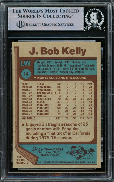 J. Bob Kelly Autographed 1977-78 Topps Card #14 Pittsburgh Penguins Beckett BAS #15780976