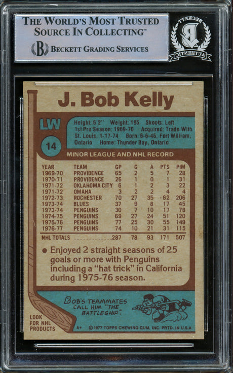 J. Bob Kelly Autographed 1977-78 Topps Card #14 Pittsburgh Penguins Beckett BAS #15780977