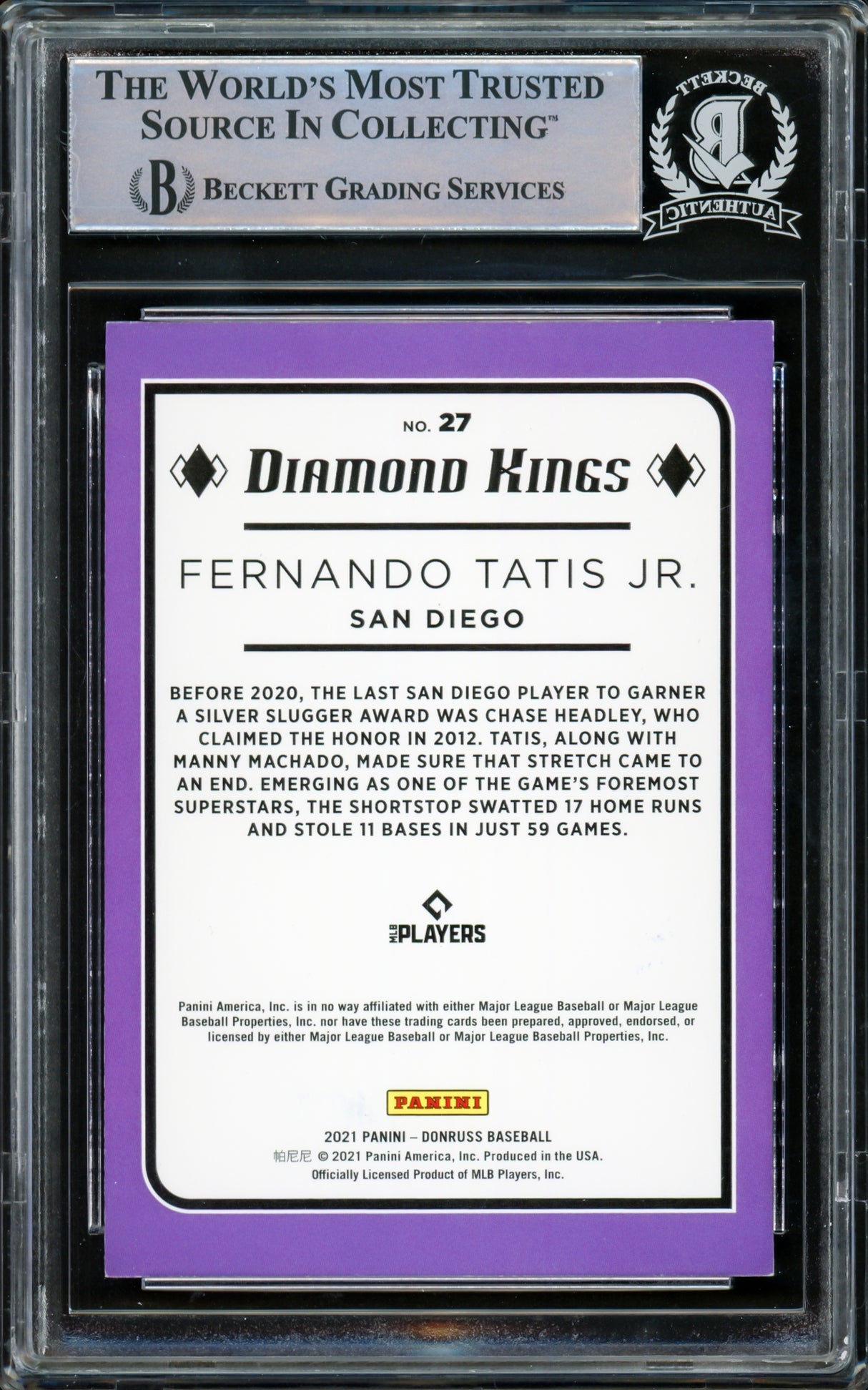 Fernando Tatis Jr. Autographed 2021 Donruss Diamond Kings Card #27 San Diego Padres Beckett BAS #15782248