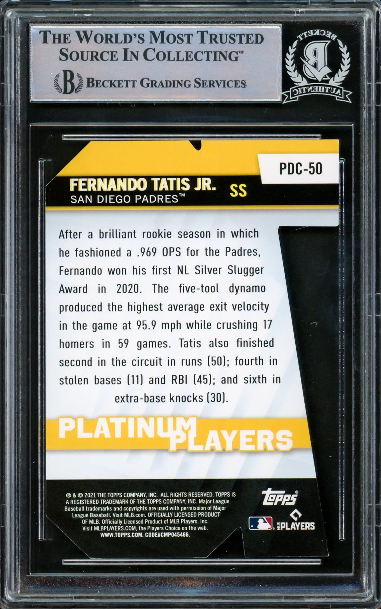 Fernando Tatis Jr. Autographed 2021 Topps Platinum Players Die Cuts Card #PDC-50 San Diego Padres Beckett BAS #15782276