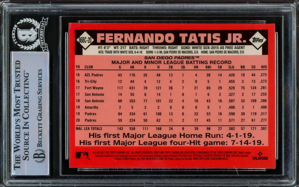 Fernando Tatis Jr. Autographed 2021 Topps Chrome 1986 Refractor Card #86BC-20 San Diego Padres Beckett BAS #15782279