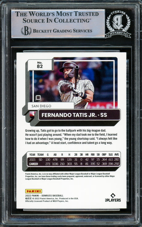 Fernando Tatis Jr. Autographed 2022 Donruss Card #82 San Diego Padres Beckett BAS #15782398