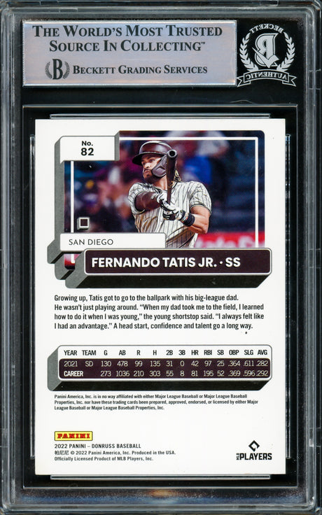 Fernando Tatis Jr. Autographed 2022 Donruss Card #82 San Diego Padres Beckett BAS #15782400