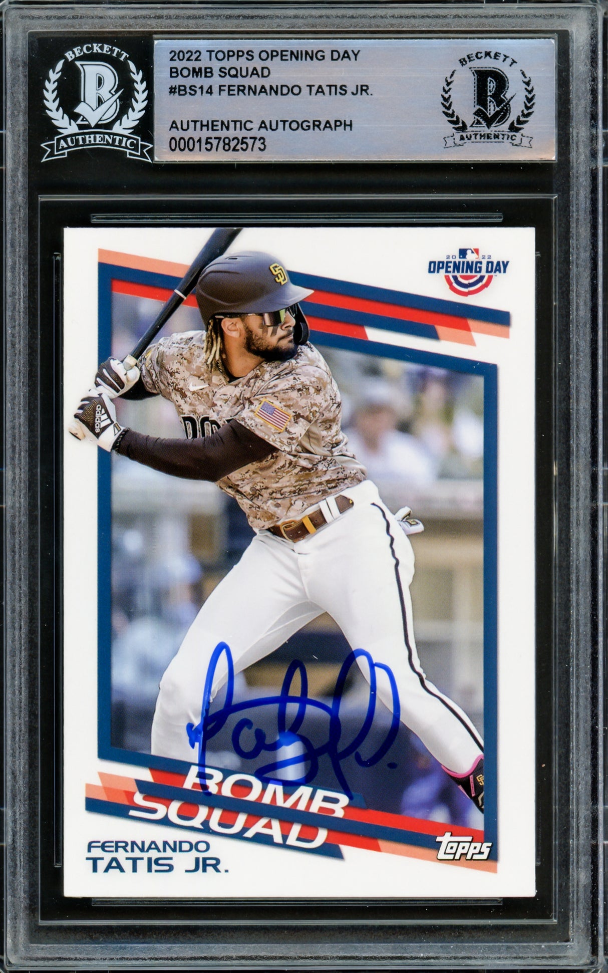 Fernando Tatis Jr. Autographed 2022 Topps Opening Day Bomb Squad Card #BS-14 San Diego Padres Beckett BAS #15782573