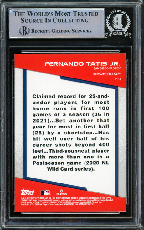 Fernando Tatis Jr. Autographed 2022 Topps Opening Day Bomb Squad Card #BS-14 San Diego Padres Beckett BAS #15782573