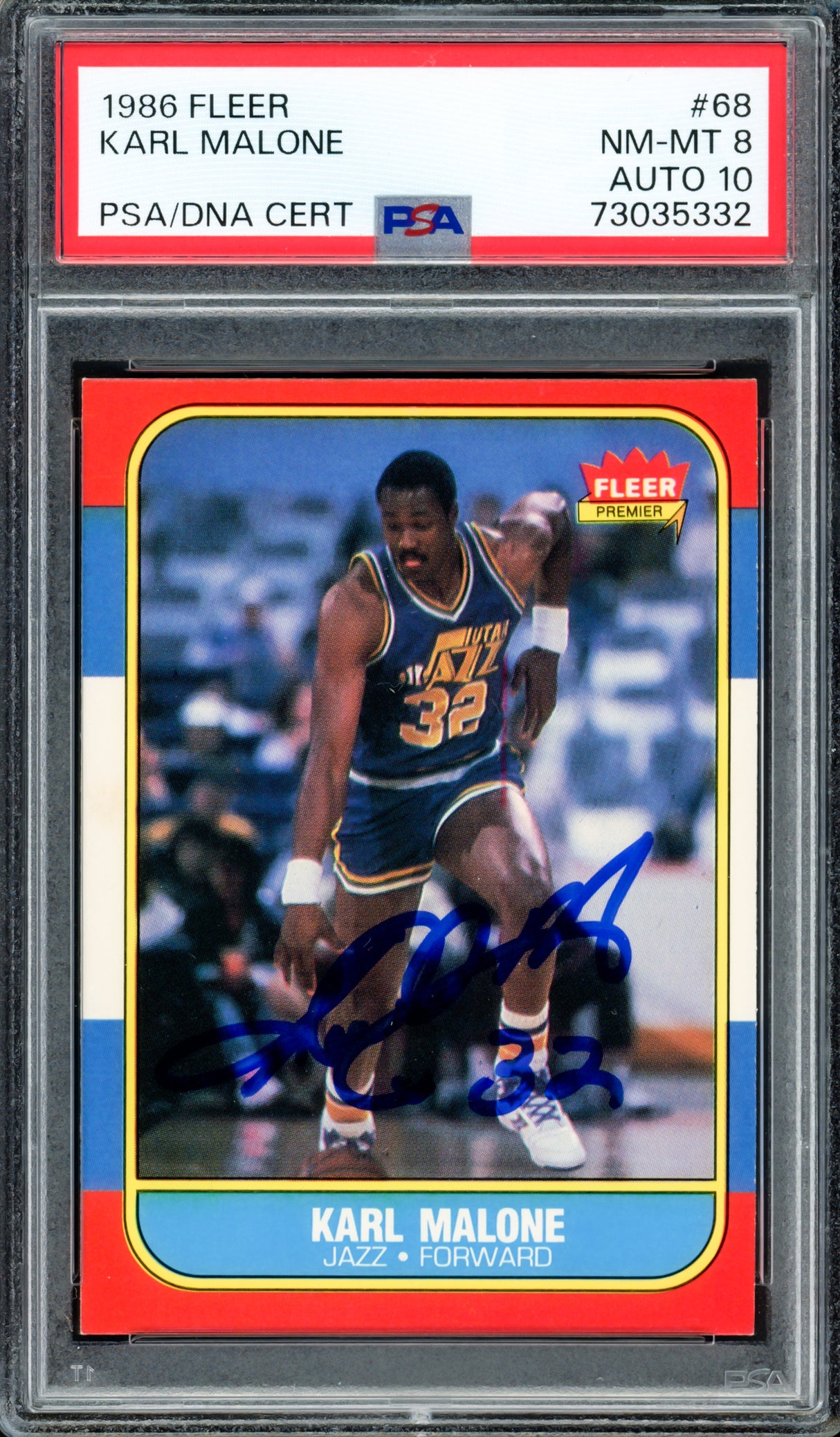 Karl Malone Autographed 1986 Fleer Rookie Card #68 Utah Jazz PSA 8 Auto Grade Gem Mint 10 PSA/DNA #73035332