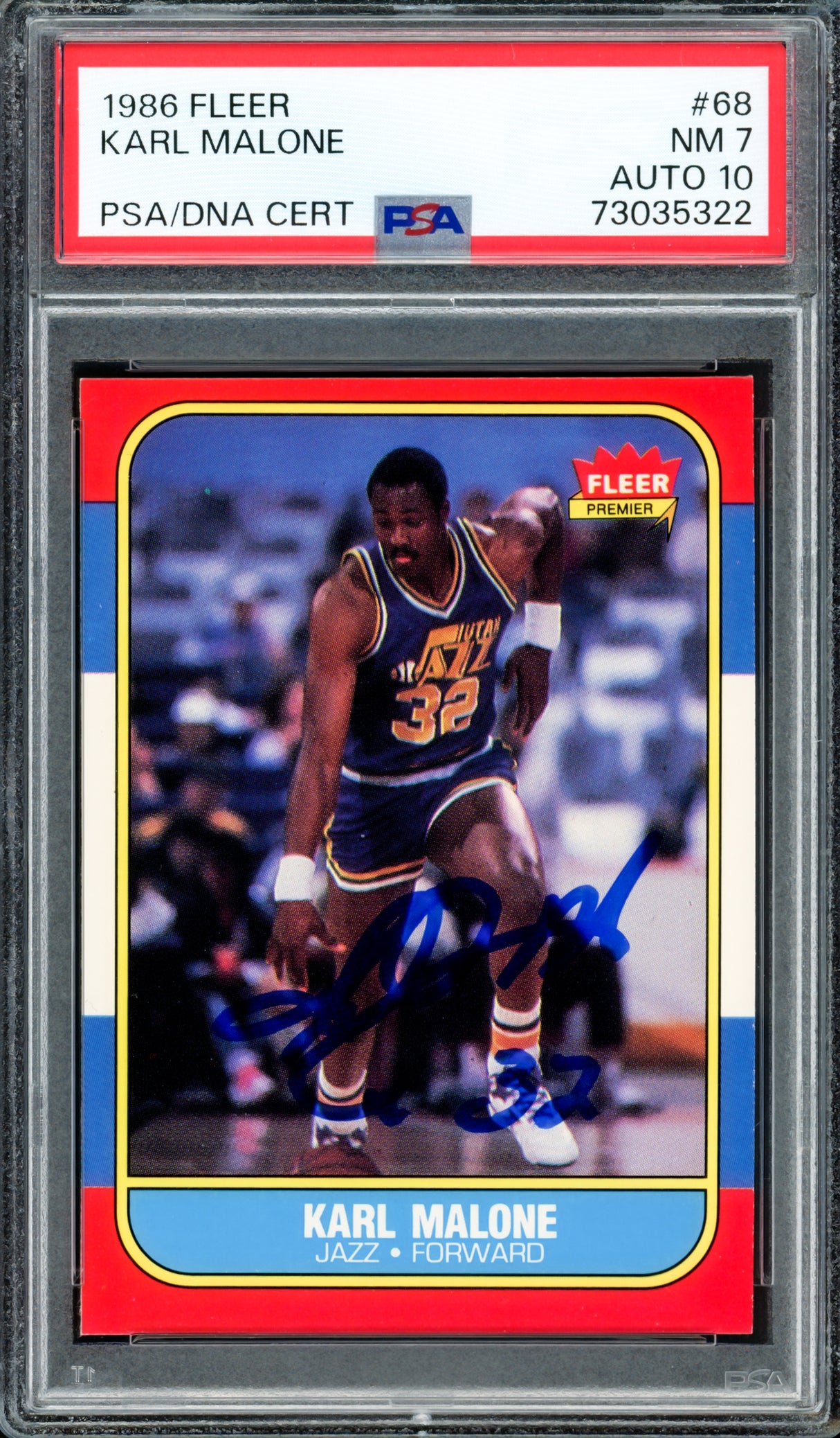 Karl Malone Autographed 1986 Fleer Rookie Card #68 Utah Jazz PSA 7 Auto Grade Gem Mint 10 PSA/DNA #73035322