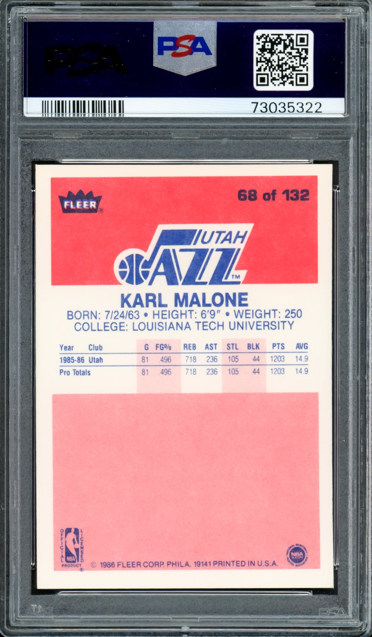 Karl Malone Autographed 1986 Fleer Rookie Card #68 Utah Jazz PSA 7 Auto Grade Gem Mint 10 PSA/DNA #73035322