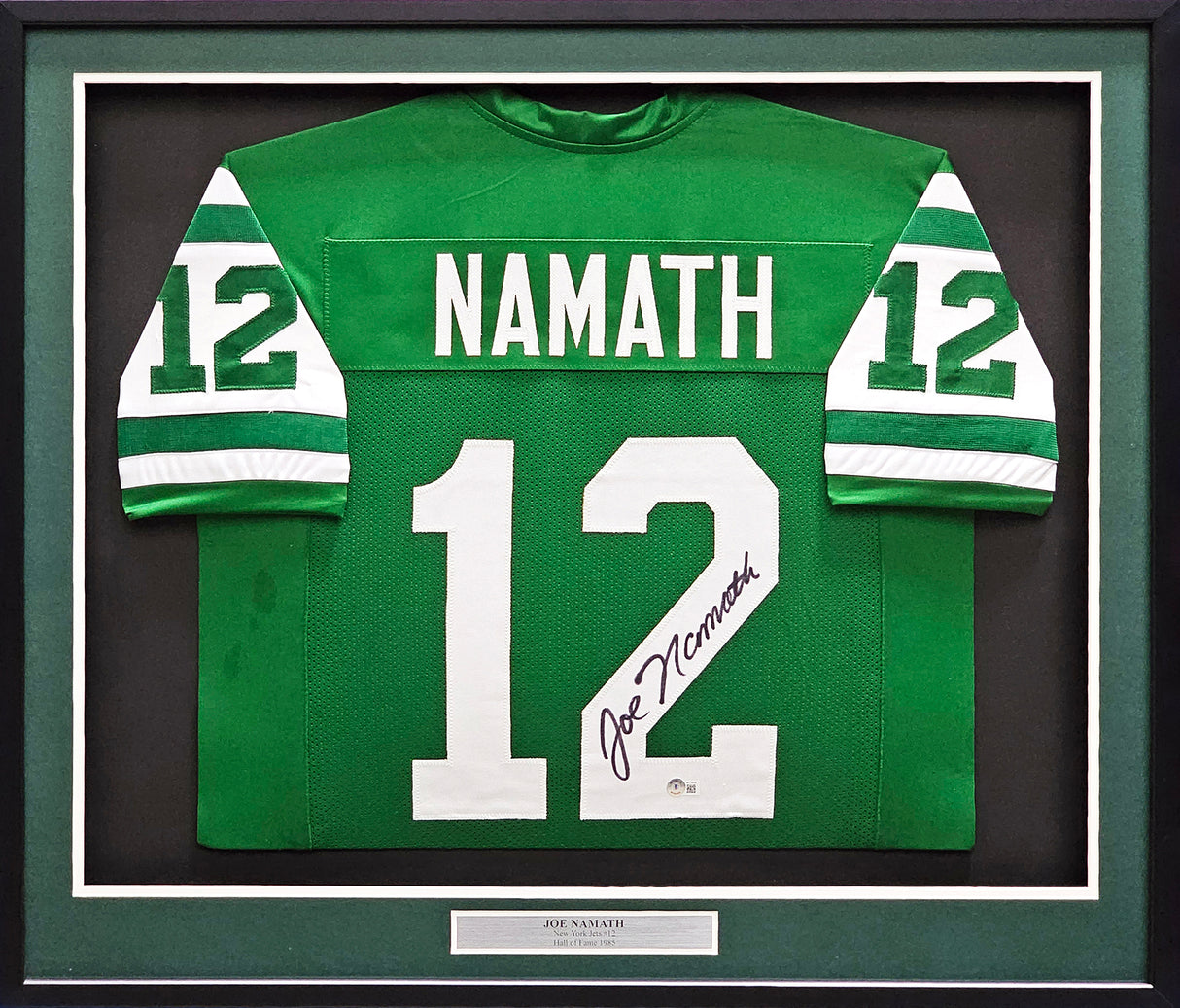 New York Jets Joe Namath Autographed Framed Green Jersey Beckett BAS Witness Stock #215859