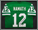 New York Jets Joe Namath Autographed Framed Green Jersey Beckett BAS Witness Stock #215859