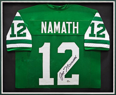 New York Jets Joe Namath Autographed Framed Green Jersey Beckett BAS Witness Stock #215859