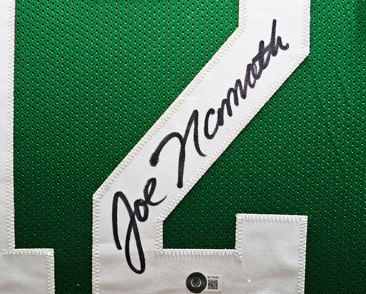 New York Jets Joe Namath Autographed Framed Green Jersey Beckett BAS Witness Stock #215859