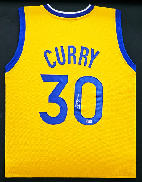 Golden State Warriors Stephen Curry Autographed Framed Yellow Jersey Beckett BAS Stock #215856