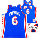 Philadelphia 76ers Julius "Dr. J" Erving Autographed Blue Mitchell & Ness Hardwood Classics HWC Swingman 1976-77 Jersey Size XL "HOF 93" Beckett BAS Witness Stock #230253