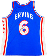 Philadelphia 76ers Julius "Dr. J" Erving Autographed Blue Mitchell & Ness Hardwood Classics HWC Swingman 1976-77 Jersey Size XL "HOF 93" Beckett BAS Witness Stock #230253