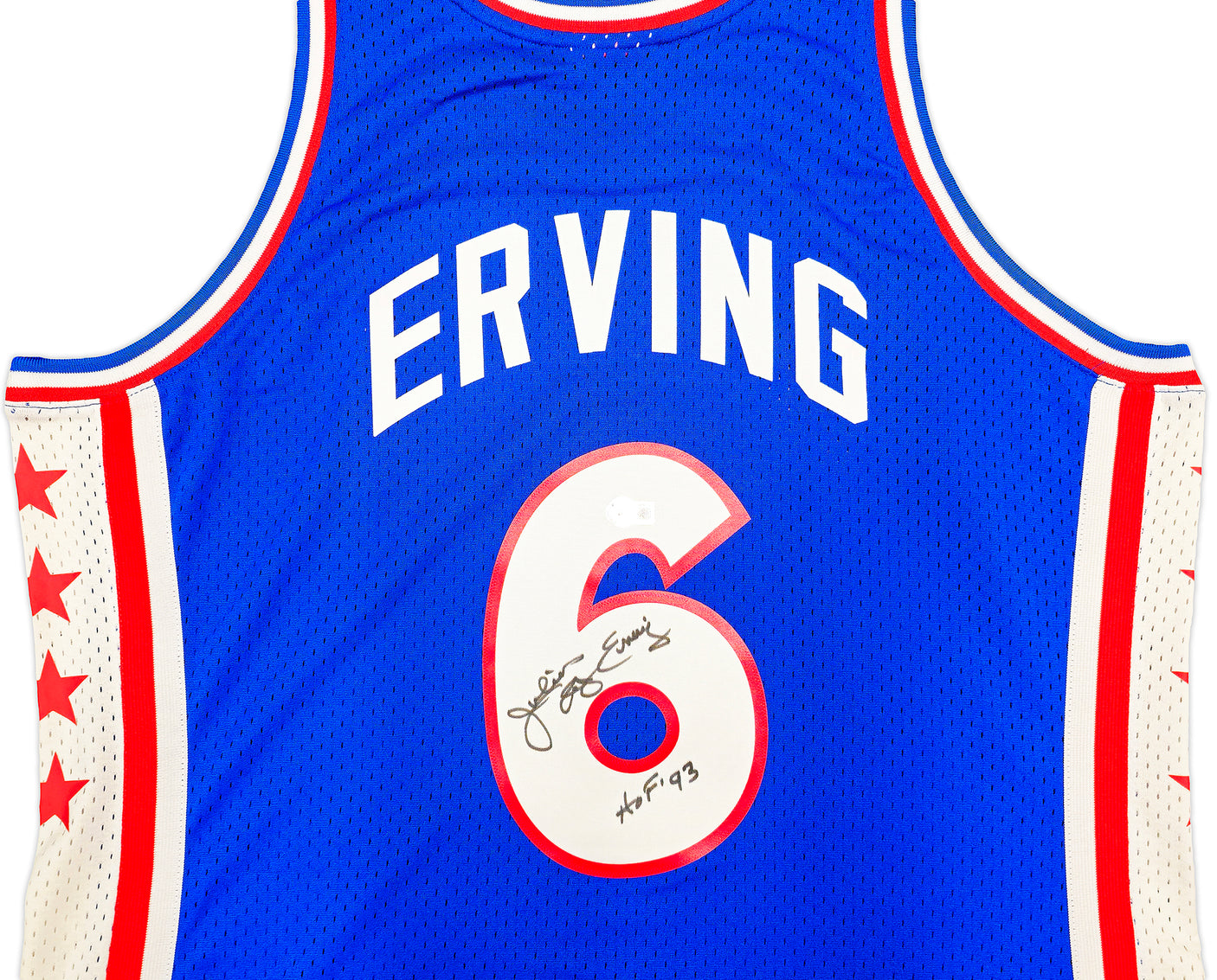 Philadelphia 76ers Julius "Dr. J" Erving Autographed Blue Mitchell & Ness Hardwood Classics HWC Swingman 1976-77 Jersey Size XL "HOF 93" Beckett BAS Witness Stock #230253