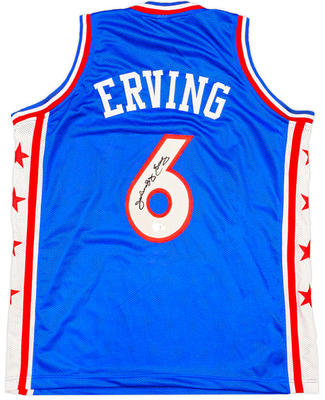 Philadelphia 76ers Julius "Dr. J" Erving Autographed Blue Jersey Beckett BAS Witness Stock #230291