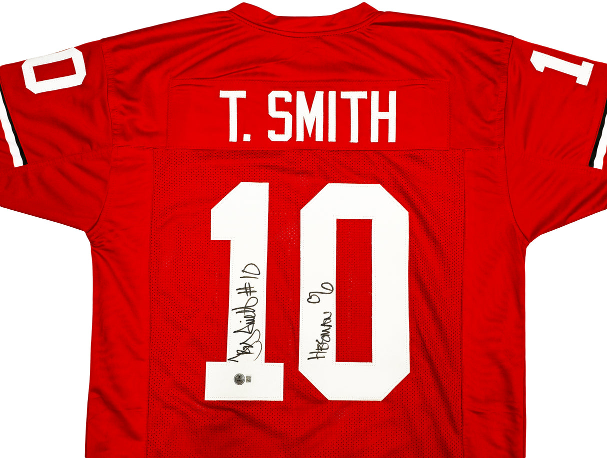 Ohio State Buckeyes Troy Smith Autographed Red Jersey "Heisman 06" Beckett BAS Witness Stock #230175