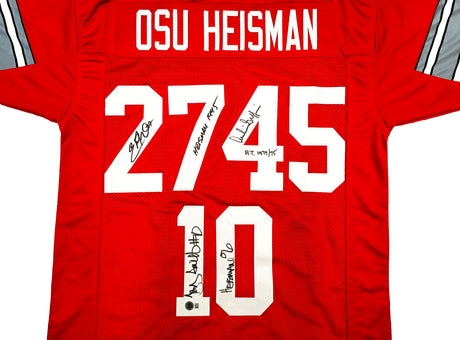 Ohio State Buckeyes Archie Griffin, Eddie George & Troy Smith Autographed Red Jersey Heisman Trophy Winners Beckett BAS Witness Stock #230170