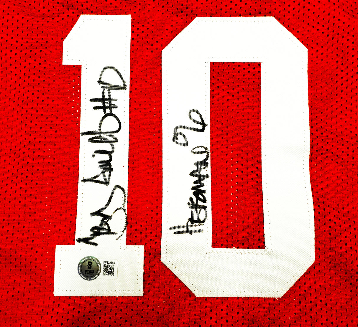 Ohio State Buckeyes Archie Griffin, Eddie George & Troy Smith Autographed Red Jersey Hall of Famers Beckett BAS Witness Stock #230170