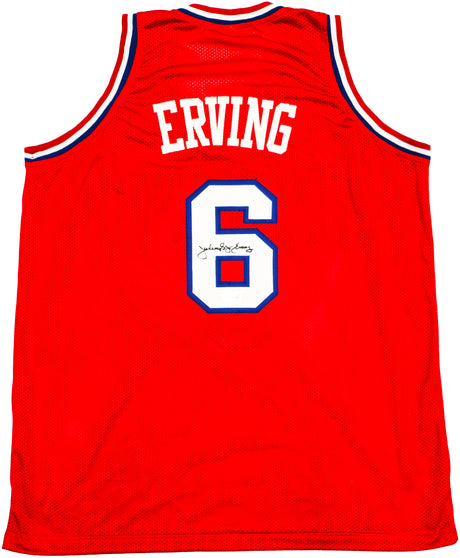 Philadelphia 76ers Julius "Dr. J" Erving Autographed Red Jersey Beckett BAS Witness Stock #230292