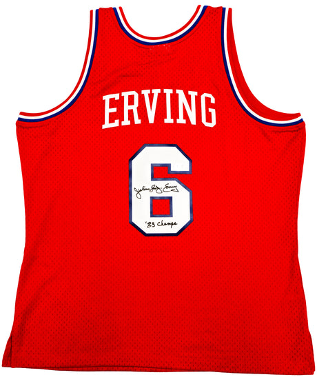 Philadelphia 76ers Julius "Dr. J" Erving Autographed Red Mitchell & Ness Hardwood Classics HWC Swingman 1982-83 Jersey Size XL "83 Champs" Beckett BAS Witness Stock #230252