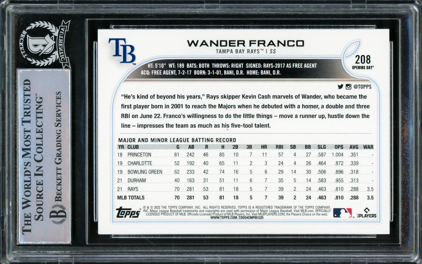 Wander Franco Autographed 2022 Topps Opening Day Rookie Card #208 Tampa Bay Rays Beckett BAS #15500200