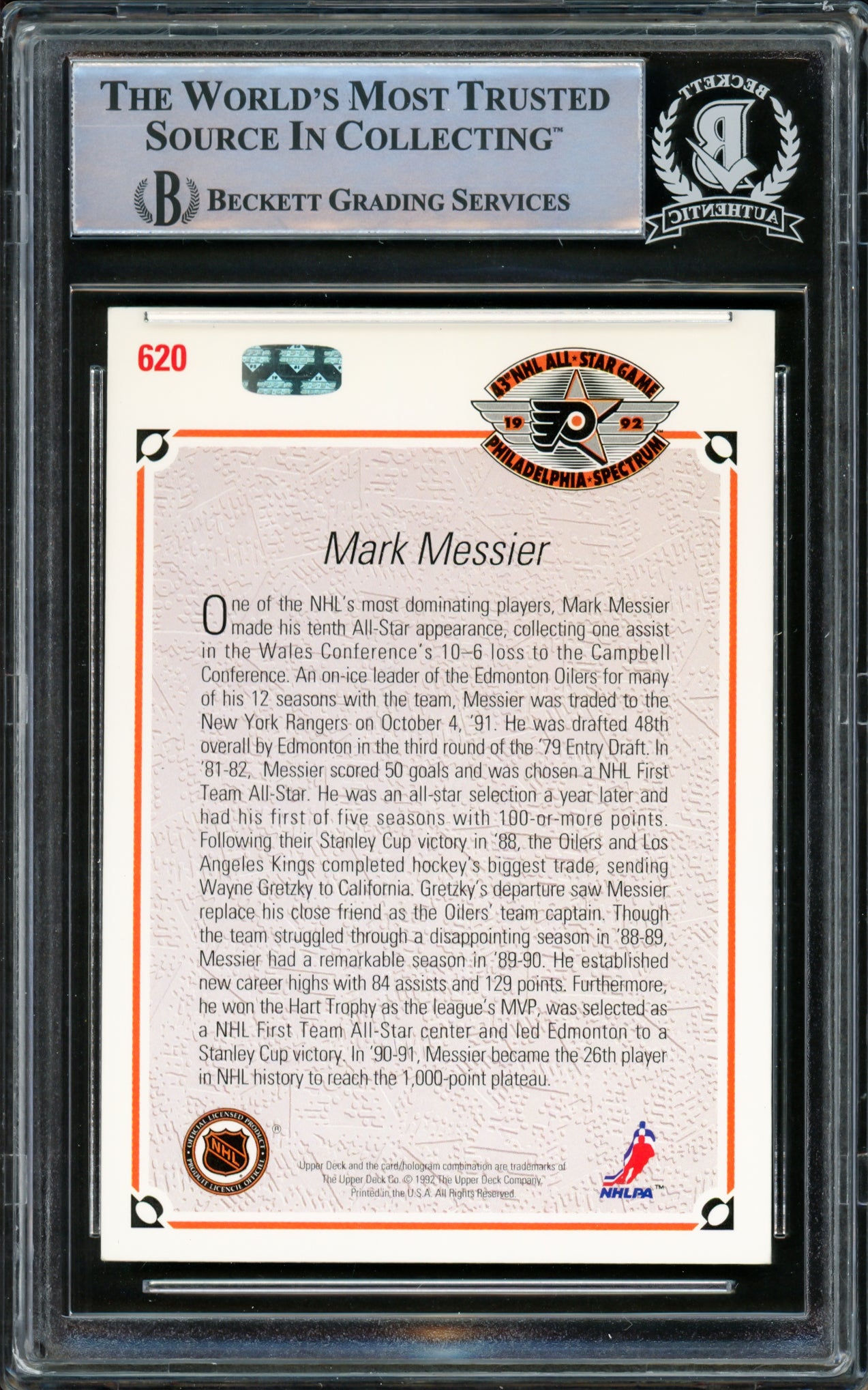 Mark Messier Autographed 1991-92 Upper Deck Card #620 New York Rangers Beckett BAS #15500551