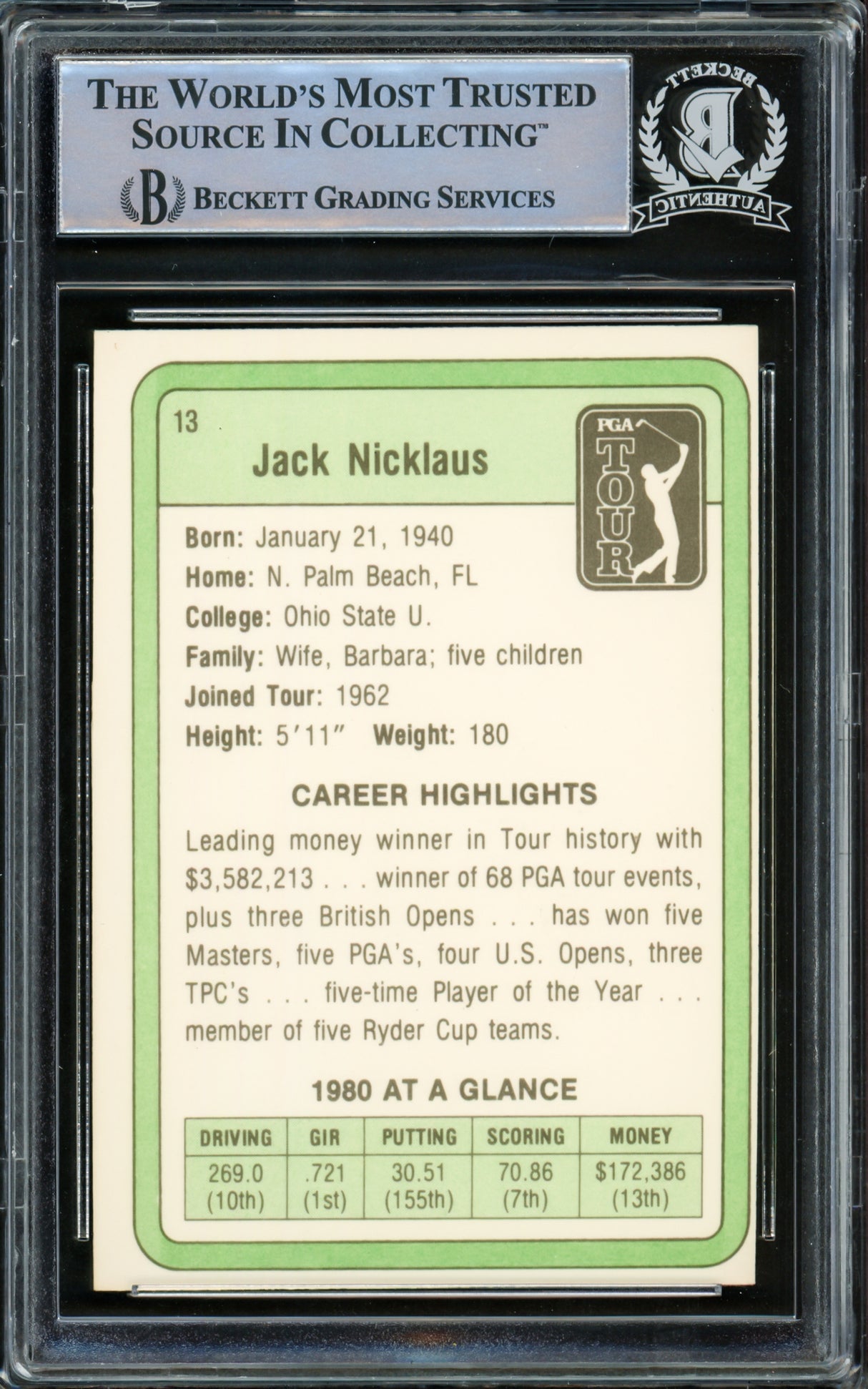 Jack Nicklaus Autographed 1981 Donruss Rookie Card #13 Beckett BAS #15500557