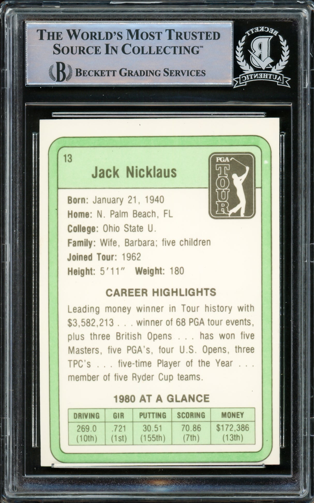 Jack Nicklaus Autographed 1981 Donruss Rookie Card #13 Beckett BAS #15500558