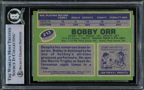 Bobby Orr Autographed 1976-77 Topps Card #213 Chicago Black Hawks Beckett BAS #15500563