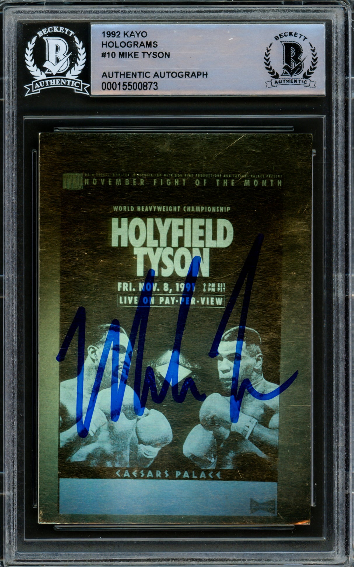 Mike Tyson Autographed 1992 Kayo Gold Hologram Card vs. Evander Holyfield Beckett BAS #15500873