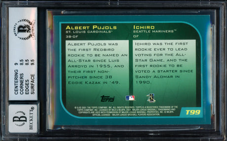 Albert Pujols & Ichiro Suzuki Autographed 2001 Topps Traded Rookie Card #T99 BGS 8.5 Auto Grade Gem Mint 10 "01 ROY" Beckett BAS #15681094