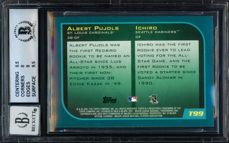 Albert Pujols & Ichiro Suzuki Autographed 2001 Topps Traded Rookie Card #T99 BGS 8.5 Auto Grade Gem Mint 10 Beckett BAS #15681090