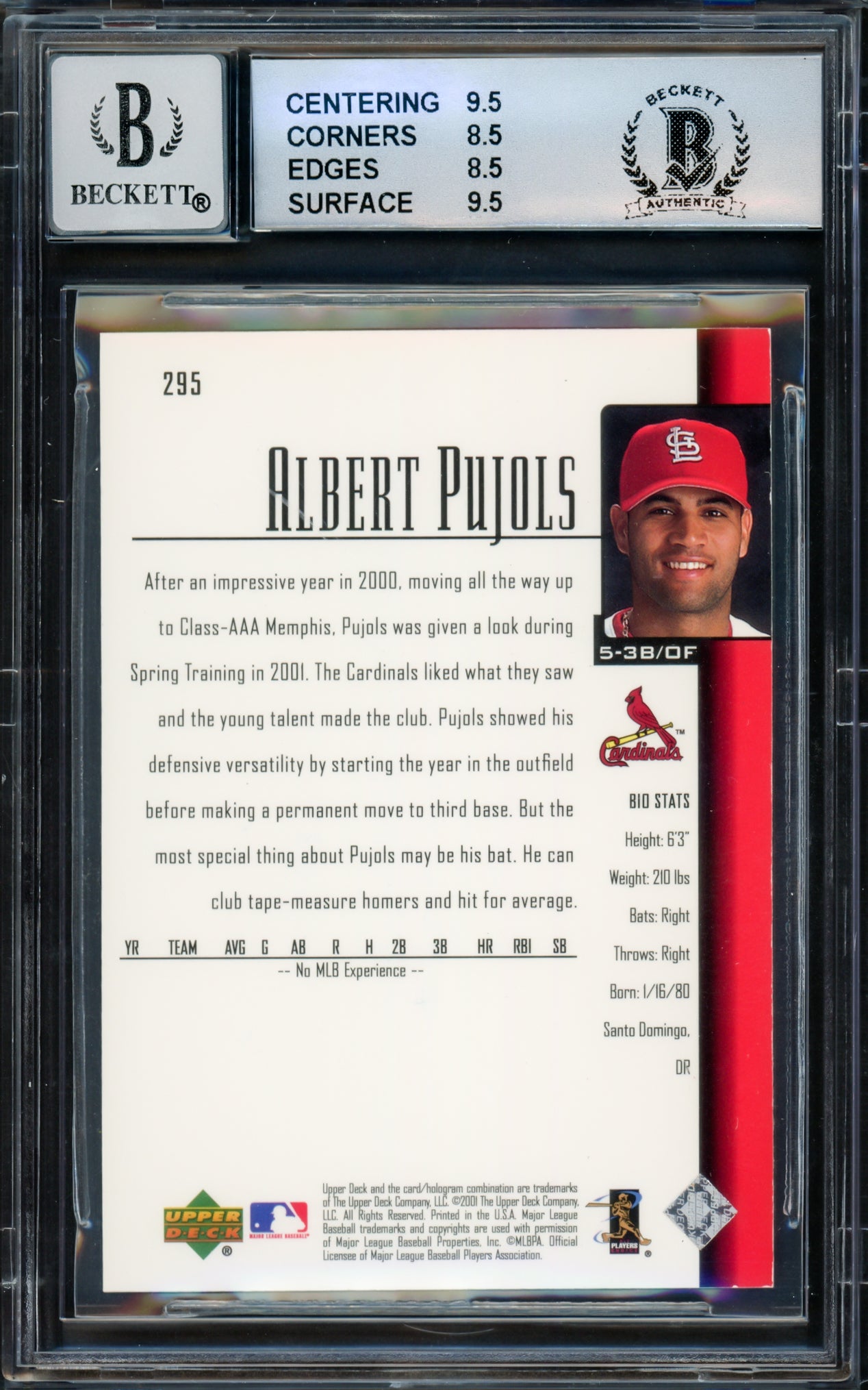 Albert Pujols Autographed 2001 Upper Deck Rookie Card #295 St. Louis Cardinals BGS 8.5 Auto Grade Gem Mint 10 Beckett BAS #15681089