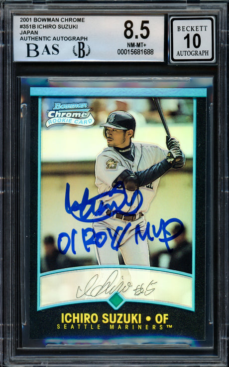 Ichiro Suzuki Autographed 2001 Bowman Chrome Refractor Japanese Rookie Card #351 Seattle Mariners BGS 8.5 Auto Grade Gem Mint 10 "01 ROY/MVP" Beckett BAS #15681688