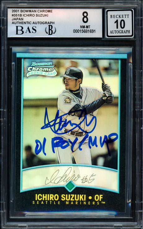 Ichiro Suzuki Autographed 2001 Bowman Chrome Refractor Japanese Rookie Card #351 Seattle Mariners BGS 8 Auto Grade Gem Mint 10 "01 ROY/MVP" Beckett BAS #15681691